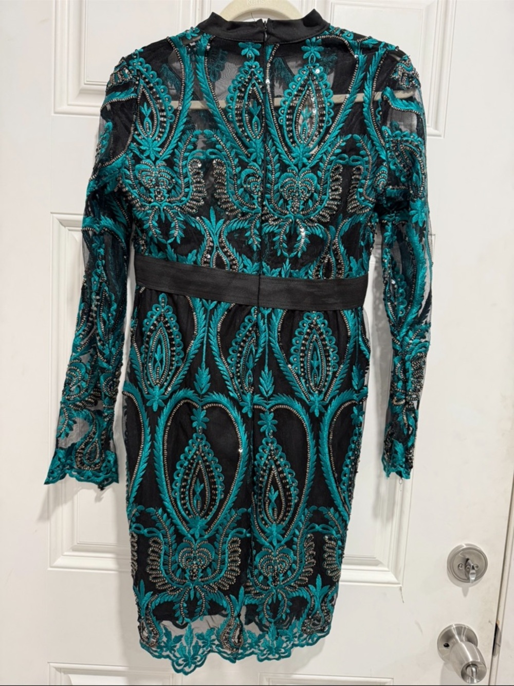 Teal and Black Embroidered Lace Sheath Vintage Dress